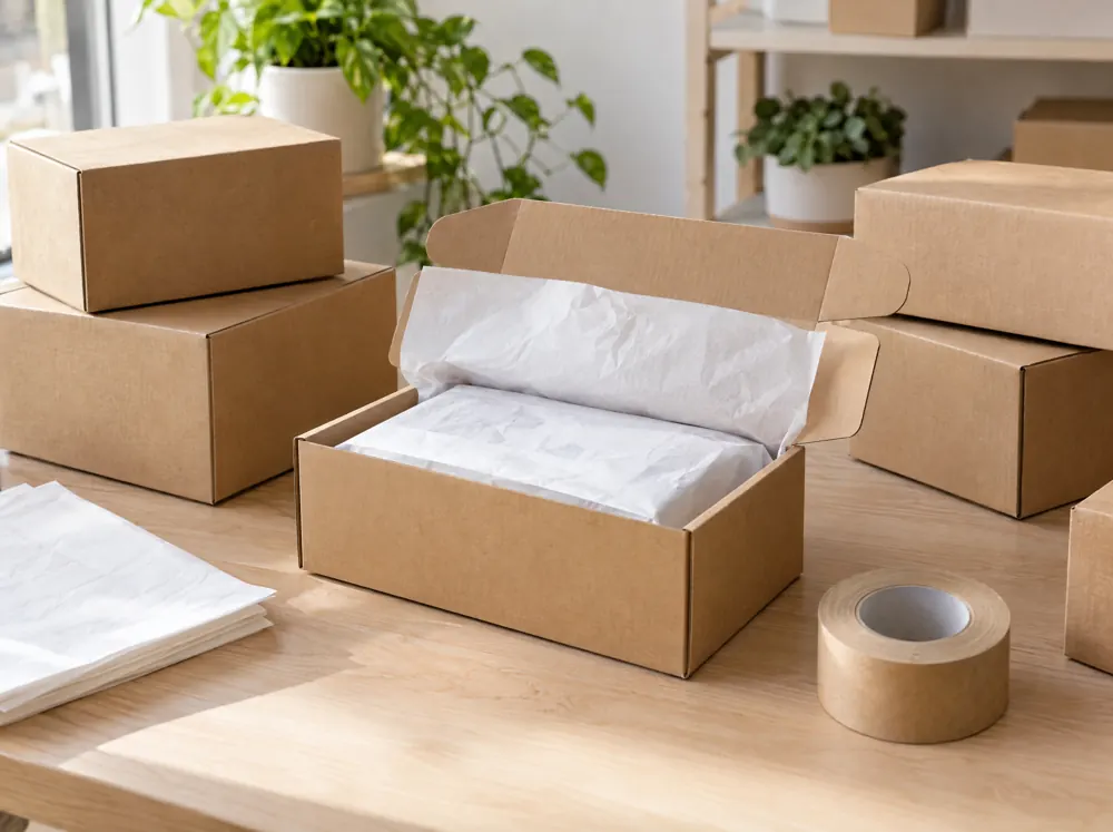 Neatly packed shipping boxes on a wood table